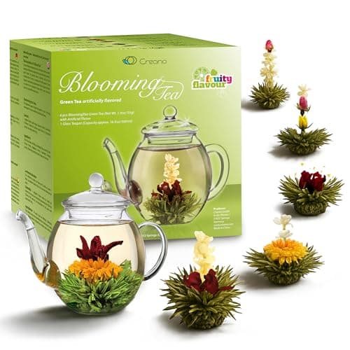 Creano Flores de Té Verde 6 uds con Tetera de Vidrio 500ml Antigoteo – 6 Variedades de Té Verde Aromatizado – Regalo para Mujer