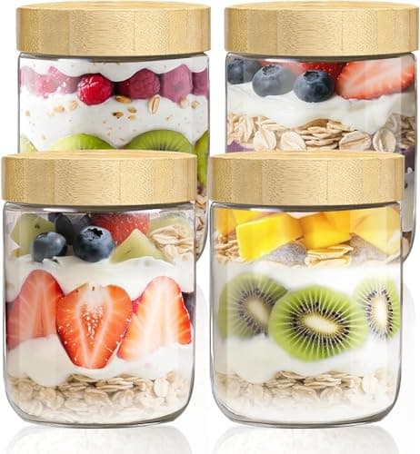 Zikenis 4 Piezas Tarros de Cristal con Tapa,480ML overnight oats jar,Botes de Vidrio reutilizables con Tapón de rosca de madera,para yogur,cereales,PreparacióN de Comidas