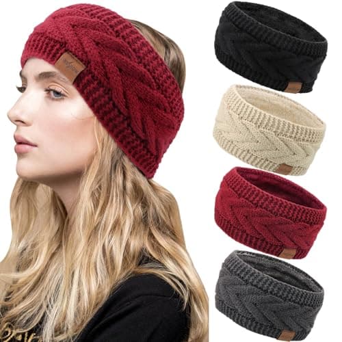 DRESHOW Diadema de Punto Cálido para Mujer Calentador de Orejas de Invierno Elásticos Diademas de Ganchillo Bandas Gruesas con Forro Polar para el Pelo de Lana