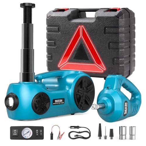 SEESII Kit de Gato Hidráulico Eléctrico para Coche 5 Toneladas (Alcance de Elevación 17.7 Pulgadas) - Gato 3en1 con Llave de Impacto e Inflador - Gato de Suelo para SUV/Camioneta/Camión/Sedán