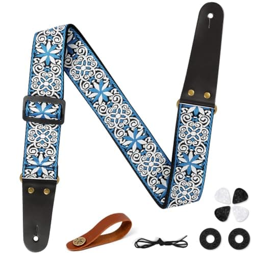 Aucuu Correa de Guitarra, Guitar Strap de Algodón, Bordado de Las Correas de Guitarra, 4 Púas de Guitarra, 2 Cierres de Correa de Goma, Extremos de Cuero Genuino, para Bajo Guitarra,Eléctrica,Acústica