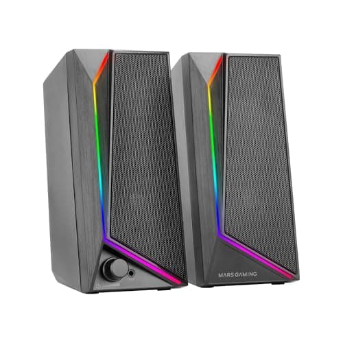Mars Gaming MS72, Altavoces Gaming 15W, Iluminación RGB Flow, 2 Drivers Activos, Chipset DSP, Conexión Plug&Play USB y Jack 3.5mm, Rueda Control de Volumen y Puerto de Audio para Auriculares, Negro