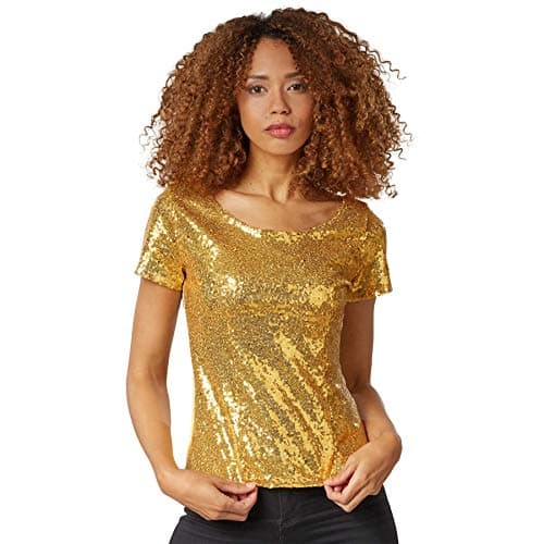 dressforfun 901013 Camisa de Manga Corta, Atuendo para Mujer, con Lentejuelas, Fiesta Celebración -Varios Modelos (S | Dorado | No. 303706)