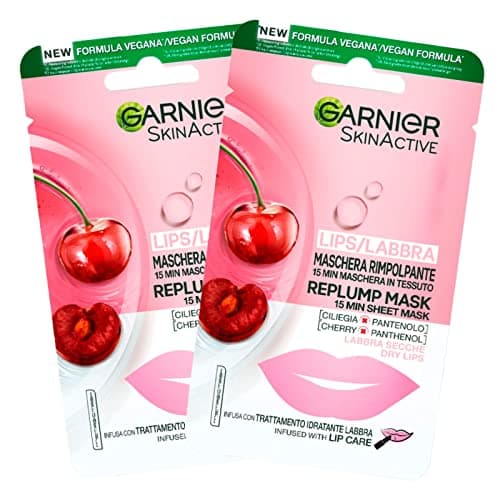 2x Garnier Skinactive Mascarilla Labial para Labios Secos con Efecto Relleno en Tela Sabor Cereza - 2 Paquetes con 1 Tratamiento de Un Solo Uso