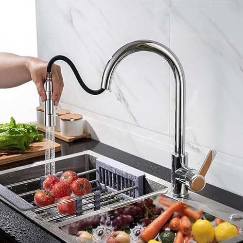 Grifo de cocina extraíble XWIHTR, grifo de cocina giratorio 360°, grifo mezclador de cocina de acero inoxidable de doble modo, grifo para fregadero de cocina (acabado cromado)