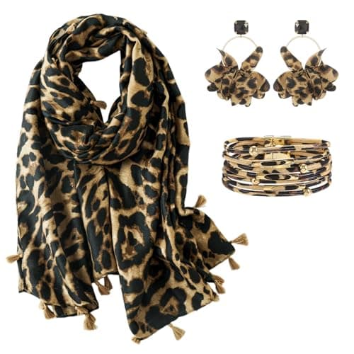 KRUIHAN Bufanda e Infinito Imprimé Léopardo Marrón para Mujer, Kit Regalo 3 Piezas con Pendientes y Pulsera, Ideal para Cumpleaños, Navidad, Otoño-Invierno y Uso Diario