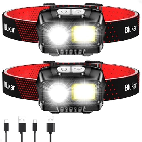 Blukar Linterna Frontal Recargable, [2 Pack] 2000L Super Brillante Linterna Cabeza LED Con Sensor de Movimiento y Luces de Advertencia Rojas, 8 Modos Luz, 30h de Tiempo Ejecución para Correr, Pesca