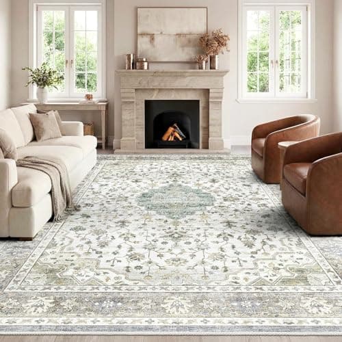 HOMFINE Alfombra Salon Vintage 120x170 cm Verde Claro Grande Alfombras Lavable en Lavadora Pelo Corto Antideslizante Rug Tapete Sala para Habitacion Comedor Dormitorio Cocina Exterior