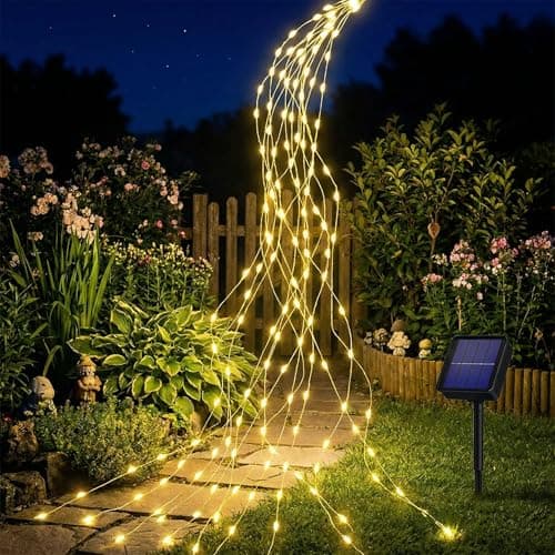 BG9D Guirnalda de Luces Solares Exterior, 12 Ramas 1,2m 144 LED, Efecto Cascada Impermeable IP67 para Regaderas, Decoración Jardín, 8 Modos, Blanco Cálido