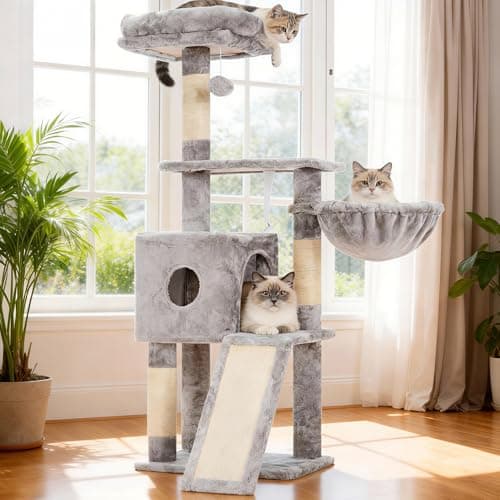 Hey-brother Árbol rascador para gatos, 108 cm, para interiores, varios pisos para gatitos, con columnas para rascar, rampa, cesta, espacioso agujero para gatos y juguete con pompón colgante, gris