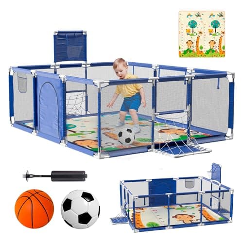 JUPPLIES Parque Infantil Bebe + Alfombra de Juego + Pelota de Futbol y Baloncesto - Corralito de Bebé Plegable 180 x 120 x 60cm - Parque de Juegos Bebé Con Malla Transpirable - Azul