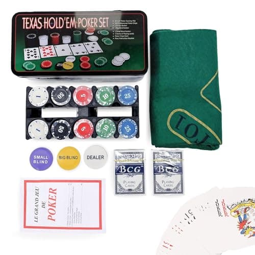 MAGIC SELECT Poker Juego de Mesa. Set de Poker Texas Hold Em. Kit Juego de Póker con 200 Fichas, 2 Barajas de Naipes, Botón de Dealer, Big-Small Blind, Tapete, Caja de Metal, Manual de Reglas en PDF.