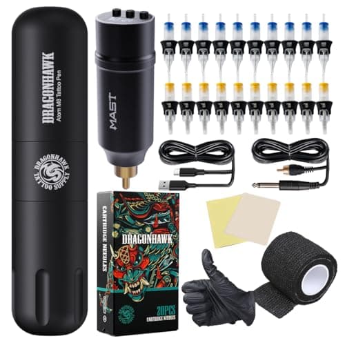 Dragonhawk kit de tatuaje máquina de tatuar rotativa Pen de inalambrica de Tattoo Gun de Batería 1100mAh with RCA Jack Agujas de Tatuaje for Principiantes de Tatuaje