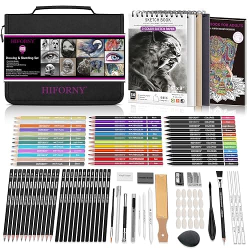 HIFORNY Set de Dibujo y Esquema de 100 Piezas, Materiales de Arte Profesionales con Lápices de Grafito, Carbón, de Colores, Acuarela, Metálicos, Herramientas de Mezcla (Negro)