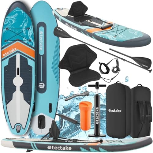 tectake® Tabla de Paddle Surf Hinchable, Incluye Remo 2 en 1, Asiento de Kayak, Bomba de Aire, Mochila de Transporte, Stand Up Paddle, Accesorios Paddle Surf, Tabla Hinchable - Naranja/Azul
