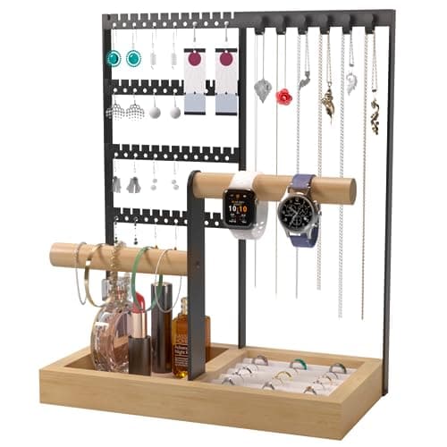 Benxdara Soporte Para Joyas, Organizador y Expositor de Joyas de 4 Niveles con Bandeja, Organizador Pendientes Soporte de Exhibición para Collares, Pendientes, Anillos, Pulseras, Negro