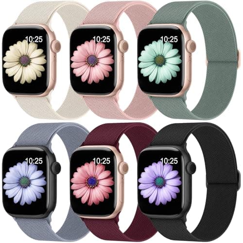 6 Piezas Correas Compatibles con Correa Apple Watch 38mm 40mm 41mm 42mm 44mm 45mm 46mm 49mm Mujer Hombres, Nylon Solo Loop Elástica Deportiva Bracelet iWatch Series 11 10 9 8 7 6 5 4, SE 3,Ajustables