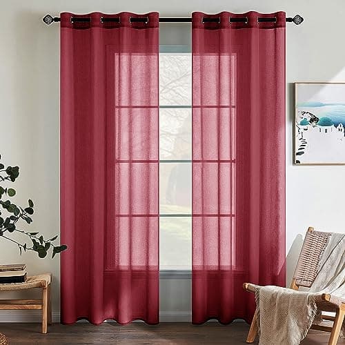 EMEMA Cortinas Poliéster Translucida de Dormitorio Moderno Ojales Cortina Ventana Visillos Salon para Sala Cuarto Dormitorio Comedor Cocina Salón de 2 Unidades 140 x 145cm Burdeos