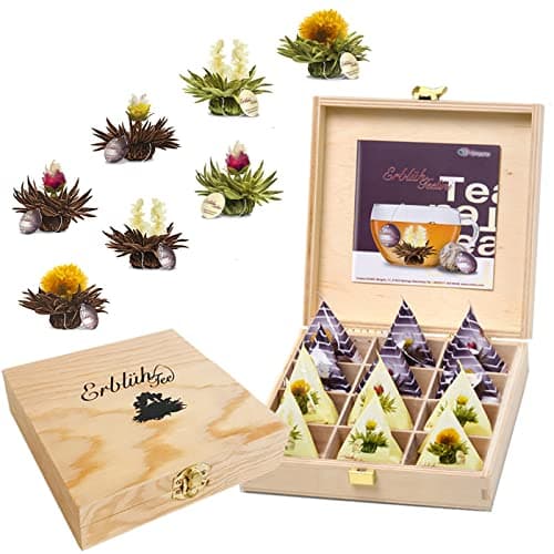 Creano Teelini Flores de Té Blanco y Negro 12 uds – Cofre de Madera Sostenible – 8 Variedades – Regalo Premium para Mujer