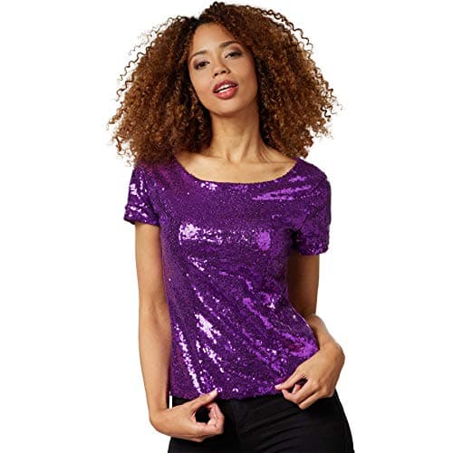 dressforfun 901013 Camisa de Manga Corta, Atuendo para Mujer, con Lentejuelas, Fiesta Celebración -Varios Modelos (M | Lila | No. 303737)