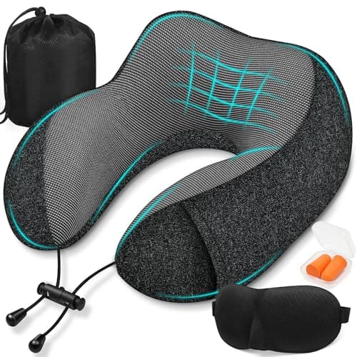SOMLAW Almohada de Viaje para Cuello, Comfy Almohada Avion Viscoelastica de Espuma Memoria, Cojin Cuello Viaje con Máscara de Ojos, Tapones y Bolsa, Ideal para Avión, Tren y Coche