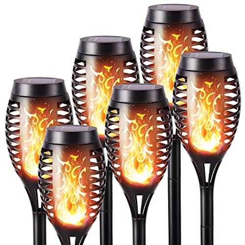 Geemoo Luces de llamas Solar Exterior Jardin 6 Piezas Antorchas Solares Exterior con llamas Realistas, IP65 Impermeable, Decoración Luces para Césped y Camino, Jardín, Pasillo