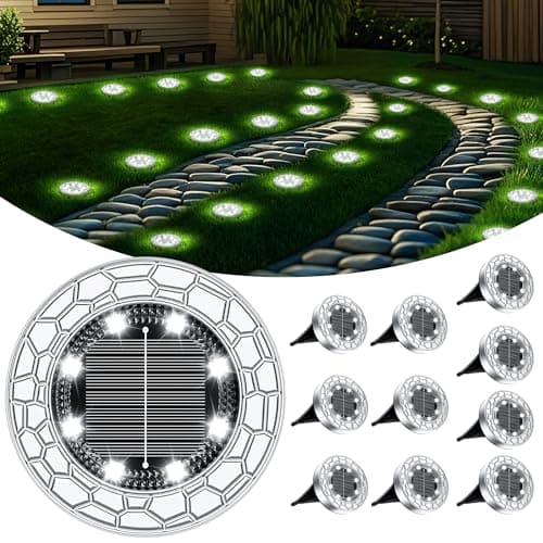 FIFlying 10 Piezas Luces Solares LED Exterior Jardín, 8 LED Luces Solares LED Exterior Jardín Suelo, Acero Inoxidable, Luces Solares LED Jardín para Césped, Camino, Acera, Patio, Blanco Frío