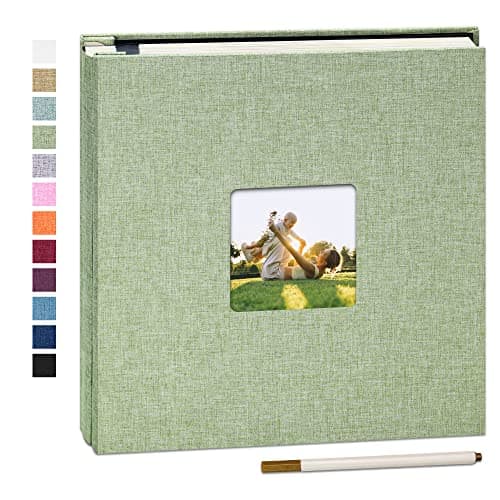 Yopih Álbum de Fotos Autoadhesivo 33x32 cm, 60 Páginas para Fotos 10x15 13x18 20x25 cm, Álbum Scrapbook de Lino para Pegar y Escribir, con Bolígrafo Metálico, Regalo Familia Bodas Viajes, Pasto Verde