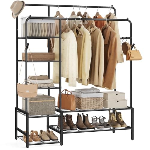 SONGMICS Perchero, Armario Abierto, con 7 Estantes, Estructura de Metal, Barra de Colgar, para Dormitorio, Salón, Entrada, Negro HSR182B01
