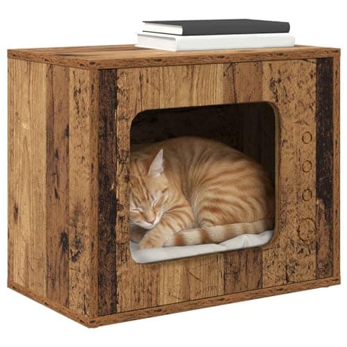vidaXL Casa para Gatos Madera Vieja 51 x 30 x 42 cm, Casa Moderna para Gatos, Refugio Rectangular para Felinos, Muebles para Mascotas de Gatos de Interior, Hábitat Minimalista