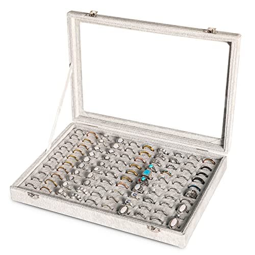Frebeauty Bandeja organizadora de anillos con 100 ranuras para anillo con tapa transparente, caja de almacenamiento de anillo de terciopelo, bandeja de anillo caja de anillo para mostrar joyas(Gris)