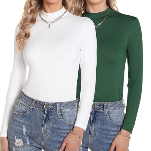 Aottori Camiseta Cuello Alto Mujer Pack de 2 Manga Larga Ropa Interior Térmica Sólida Ligera Básica Jersey para Primavera Otoño Invierno Blanco+Verde XS