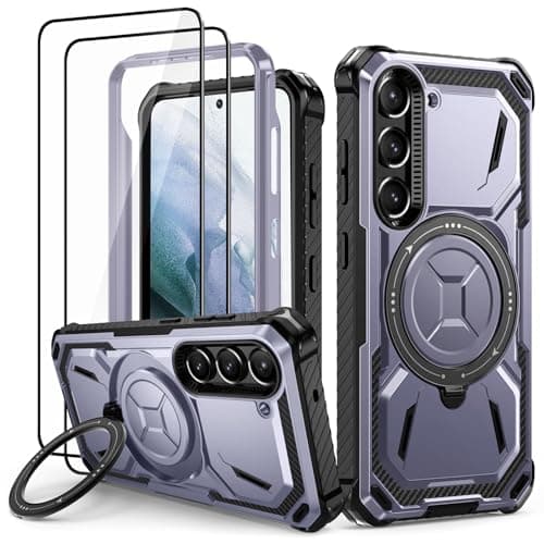 Lanhiem Armor Funda para Samsung Galaxy S21, con Soporte Giratorio de 360 Grados y 2X Cristal Templado, Antigolpes con Protección Militar, Resistente Antichoque Carcasa para Samsung S21- Morado