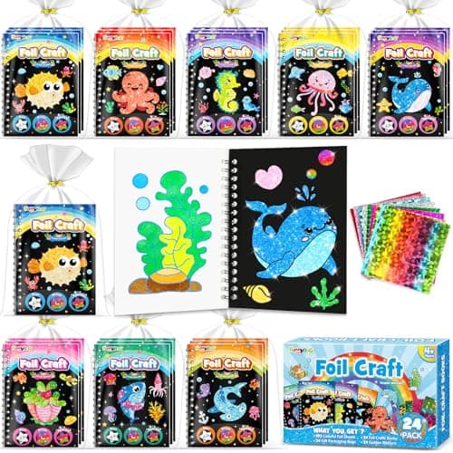 FUNNYB&G Arte con Foil Actividad Libros Colorear Detalles Cumpleaños niños, 2 IN 1 Foil Art&Livros de Colorir infantis, Regalos Cumpleaños Niños Colegio|Manualidades Niños Niña 4-10 Años (océano 24)