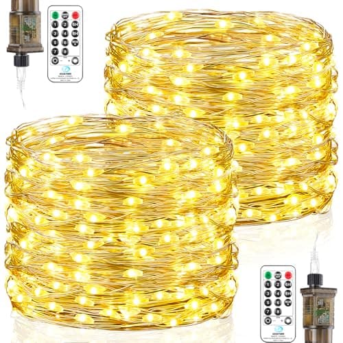 Guirnalda Luces Interior con Enchufe, 2 Piezas 23M 200 Led Luces de Hadas con Temporizador, Impermeable Luces de Navidad para Interior Exteriores Arbol de Navidad, Fiestas, Bodas, Blanco Cálido