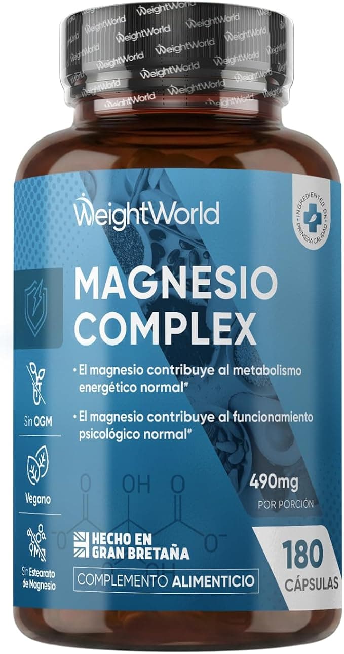 Magnesio Complex 490mg, 180 Cápsulas, 3 Meses de Suministro - Con Citrato, Bisglicinato, Malato y Taurato de Magnesio, L-Leucina, 2 Cápsulas al Día, Apto para Veganos, Sin Gluten ni OGM