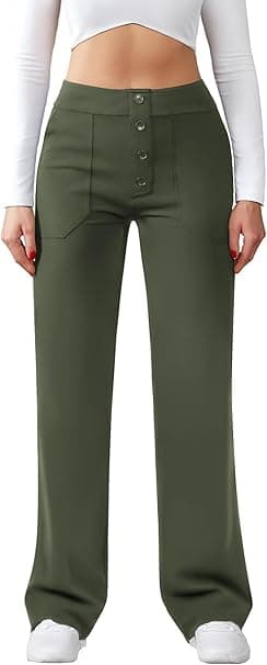 Pantalones de Las Señoras de Cintura Alta Anchos Botón de la Pierna Recta Casuales de Trabajo de Yoga Stretch con Bolsillos