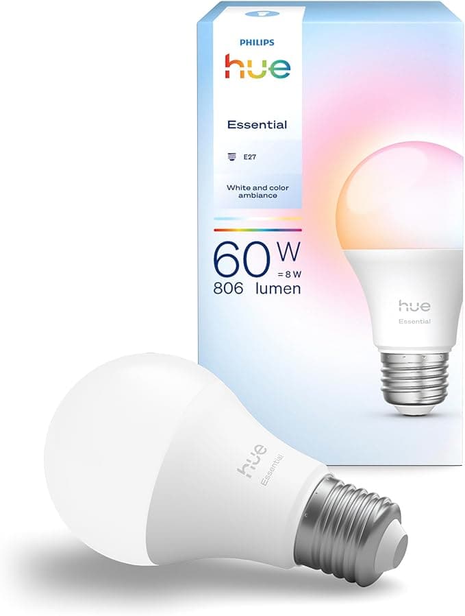 Philips Hue Essential - Bombilla Led Inteligente A60 Smart (1), luz blanca y colores, luminaria led E27 Base, 8 W, 2200 K-6500 K, 806 lm, regulable, compatible con Alexa, Google Assistant y Apple Home