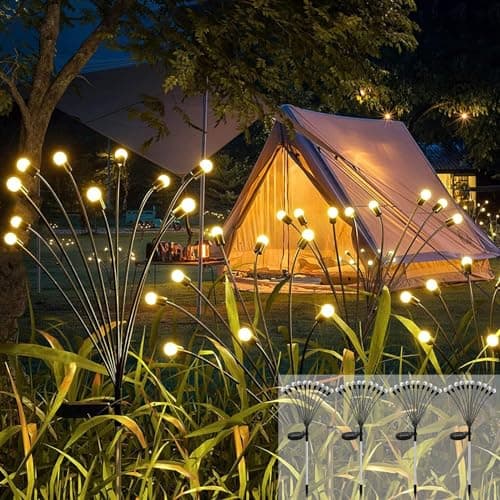 Cnulenzt Luces Solares Luciérnaga Exterior Jardín, 4 Piezas 10 LED Lámparas Solares Oscilantes con el Viento, Luces Solares Impermeables IP65 Decoración para Patio, Césped, Balcón (Blanco Cálido)