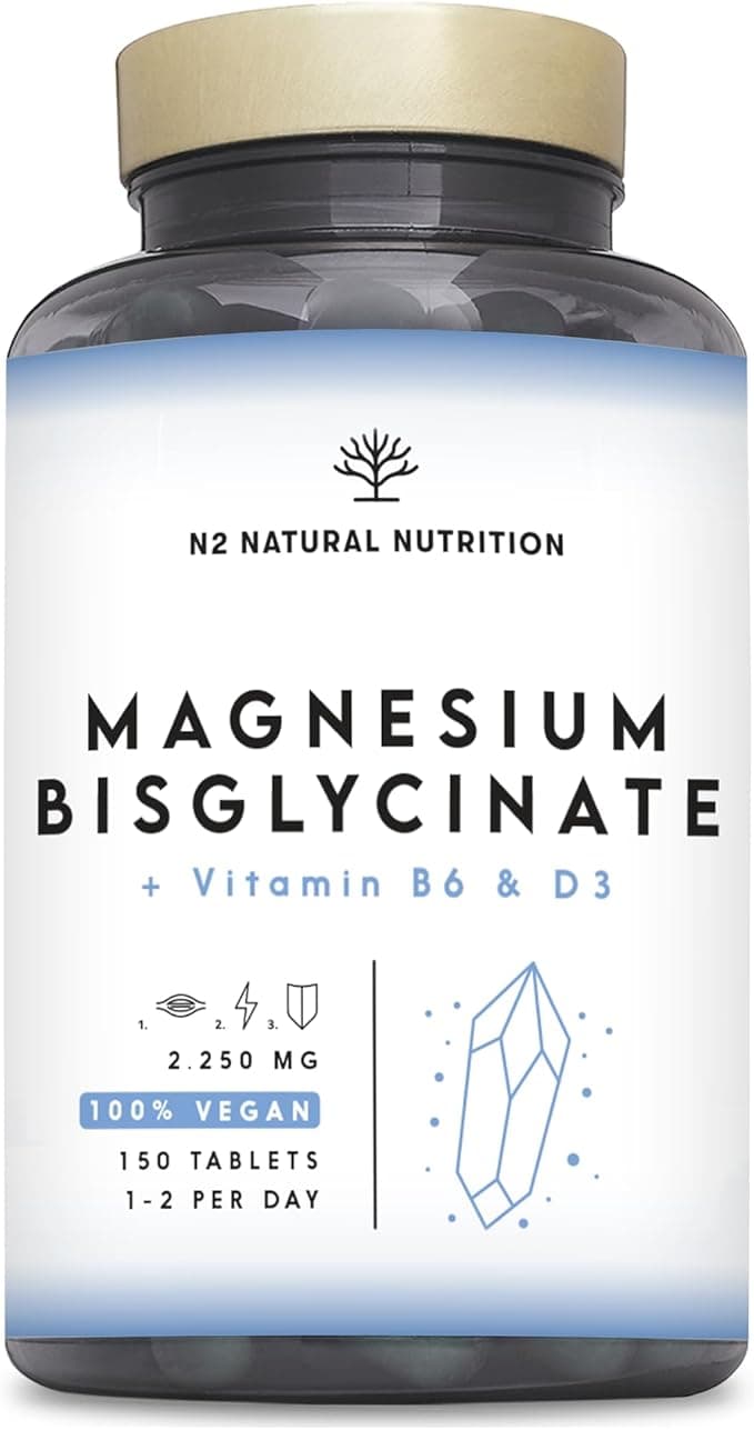 Magnesio Bisglicinato 2250 mg, 450mg de Magnesio Elemental + B6 + D3 Reduce el Cansancio y la Fatiga. 150 Comprimidos divisibles de Alta Absorción, hasta 5 Meses de Suministro. N2 Natural Nutrition.