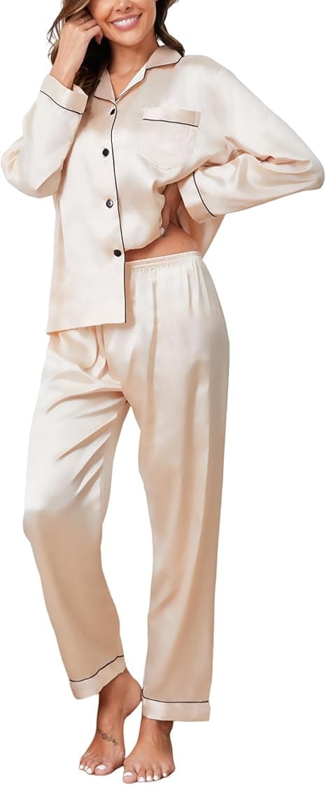 Conjunto de Pijama Seda Mujer 2 Piezas Manga Larga con Botones Ropa de Dormir Satén Ropa de Noche Largo Pantalón Pijama Botones Mujer Loungewear S~XXL