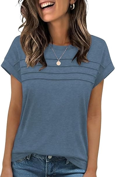 Camisetas Manga Corta Mujer con Cuello Redondo de Verano Blusas de Mujer Elegantes Top de Manga Corta con Pliegue