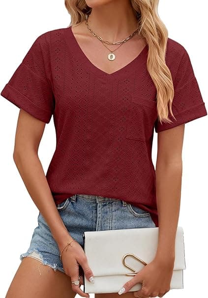 Camiseta Mujer Manga Corta Cuello V Corto Sólido Manga Hueca Burbuja Camisa de Punto Camisetas Mujer S-XXL
