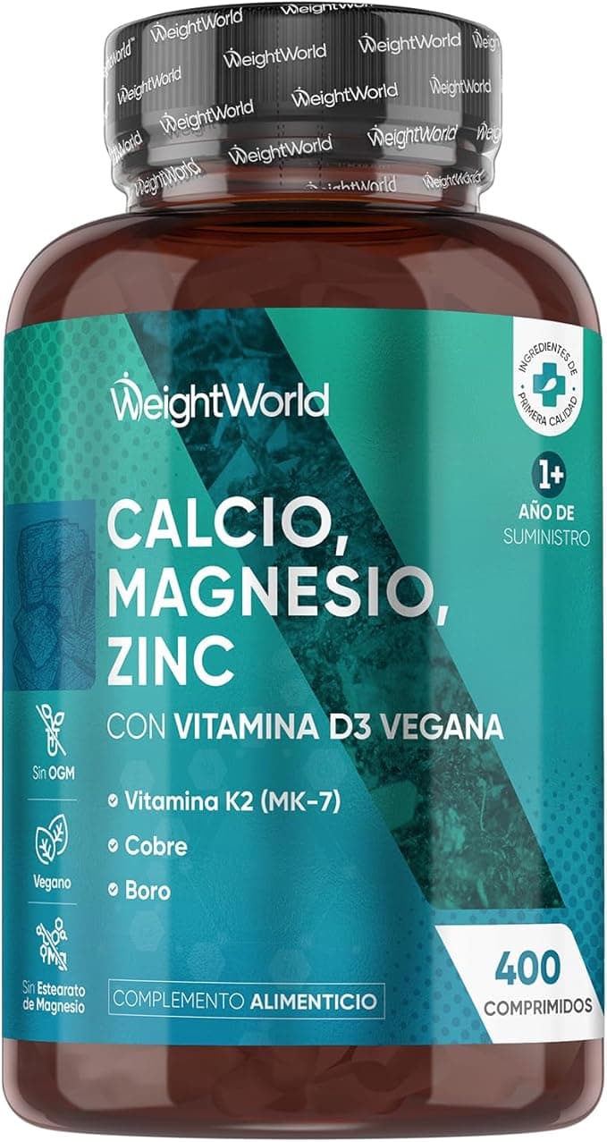 Calcio, Magnesio y Zinc con Vitamina D3, K2 y Más - 400 Comprimidos Veganos (+1 Año) - Complejo de Vitaminas y Minerales, Sin Gluten, Sin Lactosa