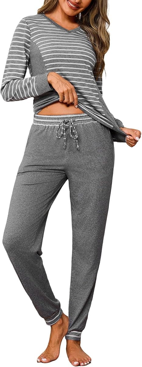 Pijama Mujer Invierno Conjunto de Pijamas Algodón Rayas Pijama Manga Larga Ropa de Dormir Cuello en V Camiseta y Pantalones Largo