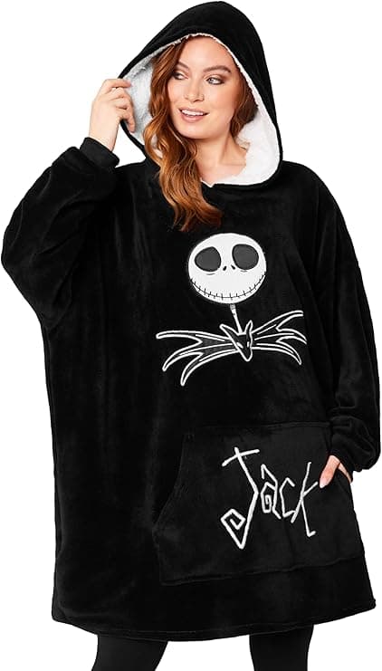 Disney Sudaderas Mujer, Stitch Batamanta de Forro Polar Mujer, Evil Queen Poncho Sudadera Manta Oversize con Capucha (Negro Jack Skellington)