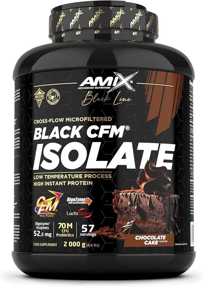 Amix | Proteína BLACK CFM ISOLATE - Ayuda a Mantener la Masa Muscular - Con Enzimas Digestivas - Fácil Digestión - Rápida Absorción - Proteína en Polvo - 2 Kg - Sabor Tarta de chocolate