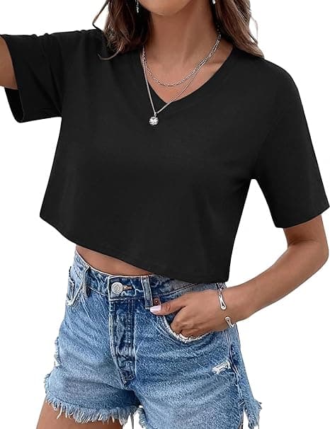 Camiseta Mujer Manga Corta Cuello en V Holgada Casual Lisa Camiseta Básica de Verano con Hombro Caído