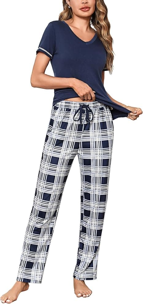 Litherday Pijama Mujer Algodón Invierno Manga Corta Conjunto de Pijamas de Mujer Ropa de Dormir Largo Pantalones con Cuadros S-XXL