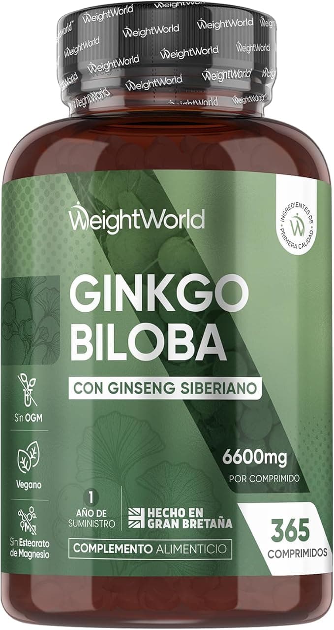 Ginkgo Biloba 6600 mg - 365 Comprimidos Veganos con Ginseng Siberiano 50:1 - Con 28 mg Flavonoides y 7,2 mg Terpenos - Suplemento de Origen Natural para 1 Año, Sin Gluten ni Estearato de Magnesio